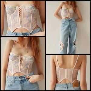Out From Under Flora Embroidered Bustier Corset Coquette Top in Peach Floral L
